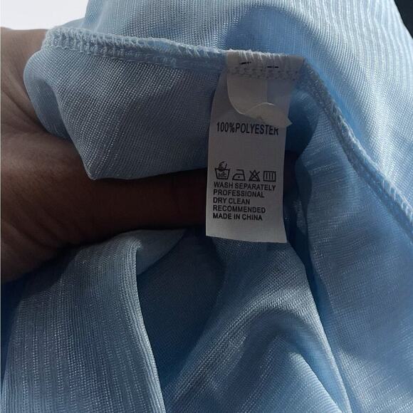 Women's V Neck Tie Front Ruffle Layer Short Sleeve Mini Dress Baby Blue Small - Picture 3 of 3